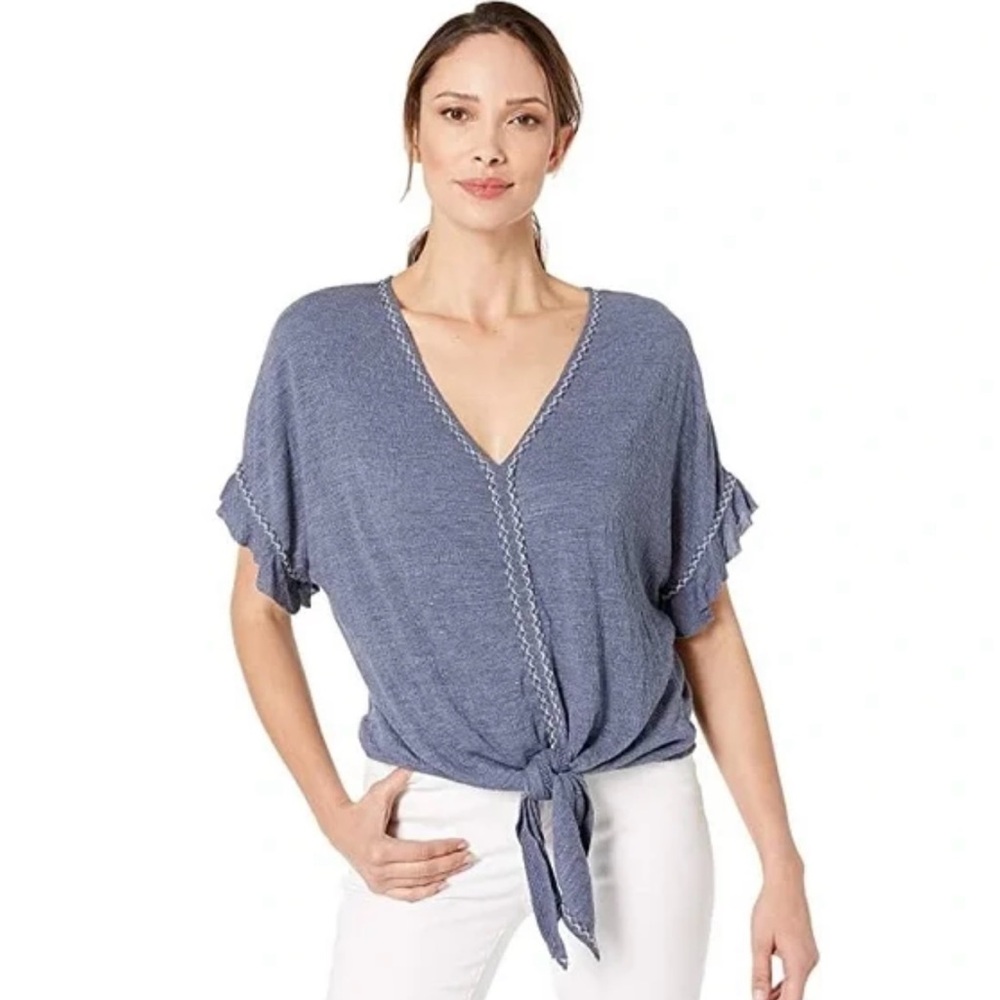Max Studio Embroidered V-Neck Flutter Sleeve Tie-Front Top in Blue Denim Size 2X